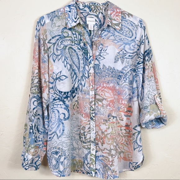 CHICO’S Tab Sleeve Paisley Watercolor Blouse S - Picture 1 of 8